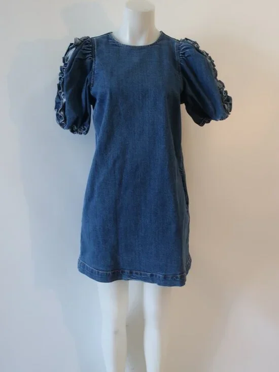 Womens Ulla Johnson Poppy (Item- 12) Blue Denim Ruffled Slv Mini Shift Dress 4 - Picture 8 of 14